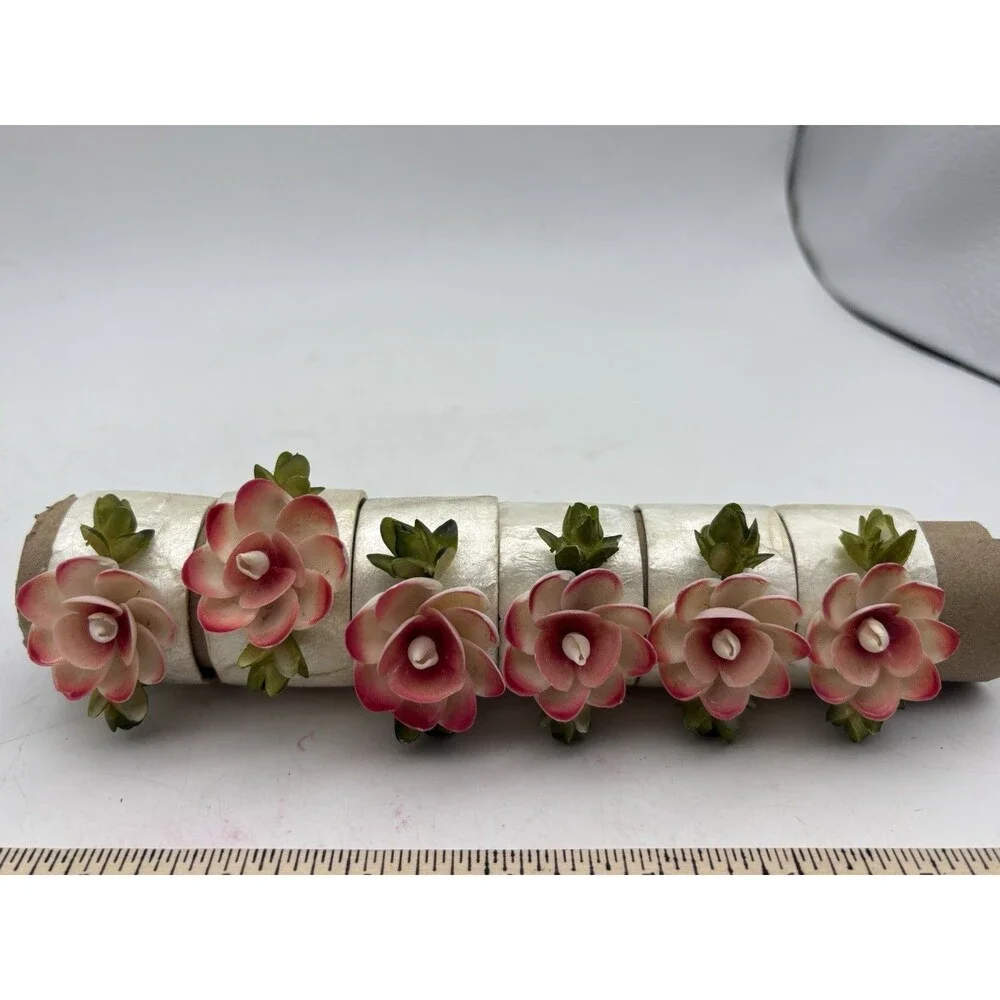 Vintage Capiz Shell Pink Flower Napkin Rings Set of 6 Handmade Philippines